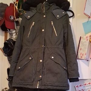 Dark Gray Hooded Jacket with Gold Accents